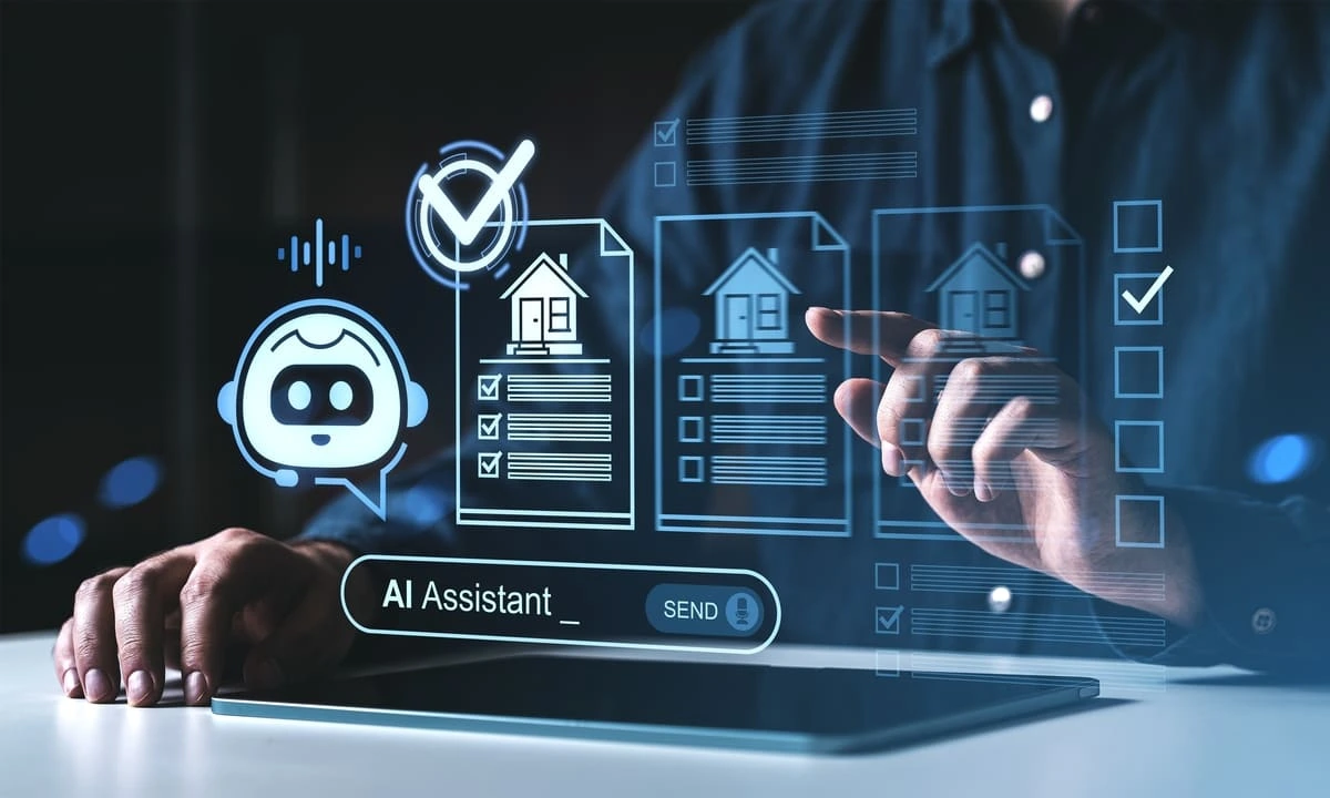 Profissional utilizando um notebook com uma interface de inteligência artificial para automatizar tarefas comerciais, representada por um assistente virtual e recursos digitais relacionados à gestão de imóveis, ilustrando o uso da tecnologia na automação de vendas.